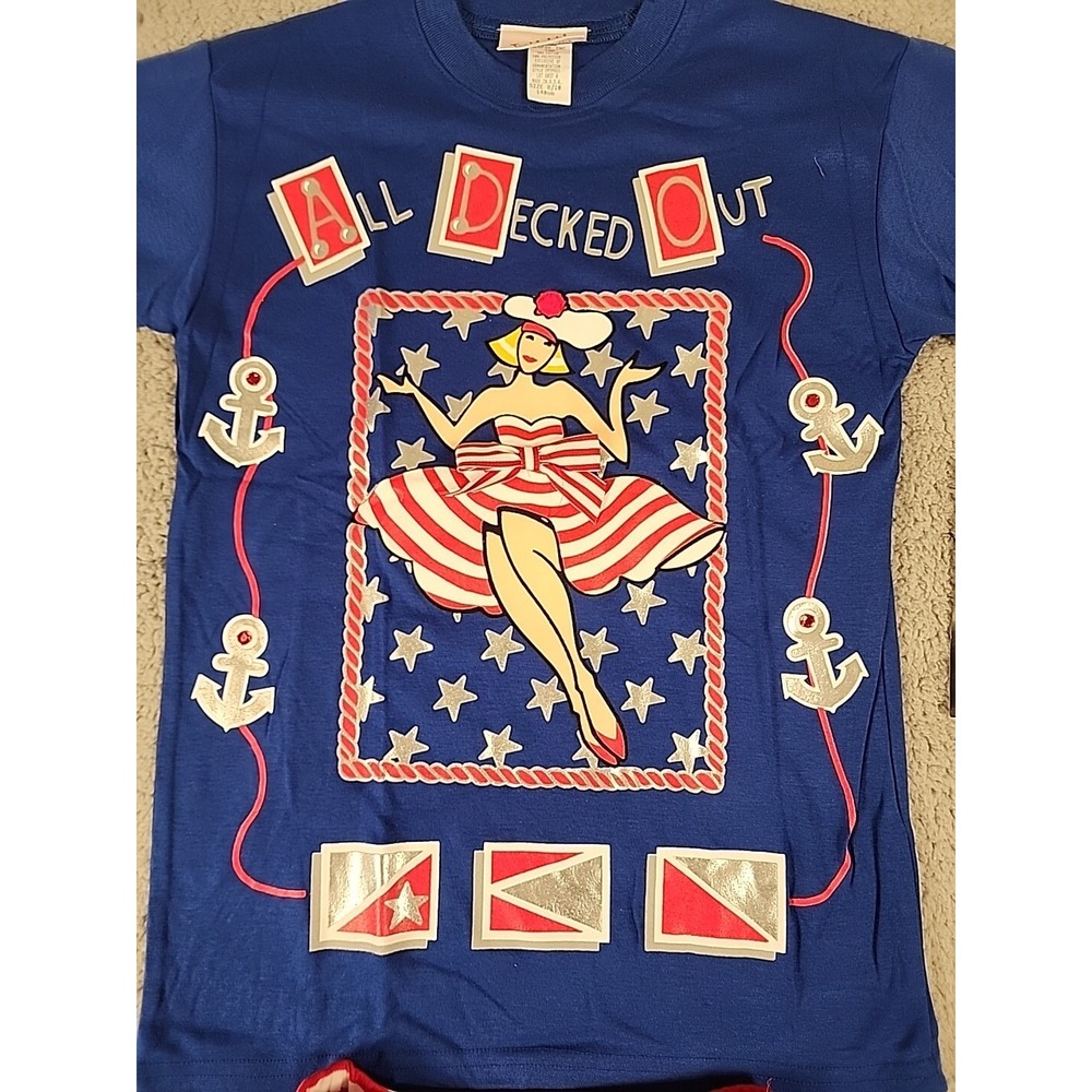 Vintage Tickle Me New York Girls Pajama Set Blue Nautical Pinup Red White Stripe - Picture 2 of 13
